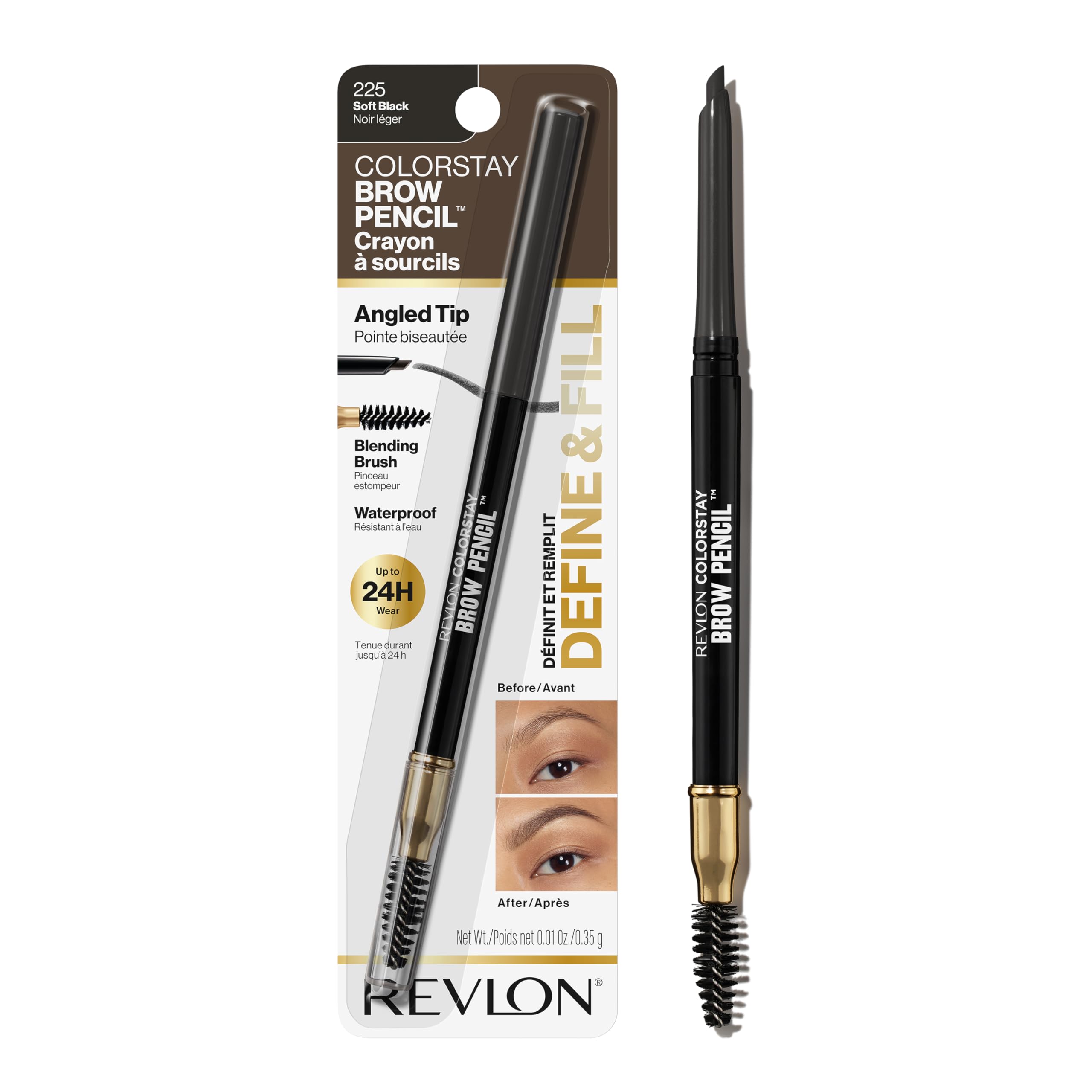 Revlon ColorStay Eyebrow Pencil with Spoolie Brush, Waterproof, Hair-Like Strokes, Stocking Stuffer for Her, 225 Soft Black, 0.021 oz
