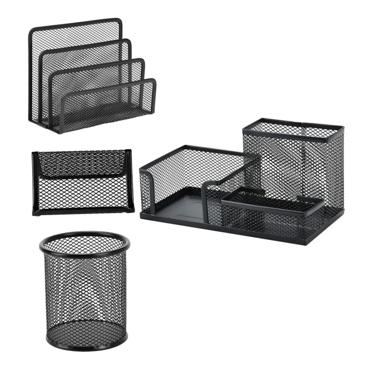Portapenne in Ferro Set 4 Pezzi Nero Organizer Scrivania | Porta Carte da Visita, Vassoio per Lettere, Contenitore Cancelleria, Finitura che Non Si Sfoglia