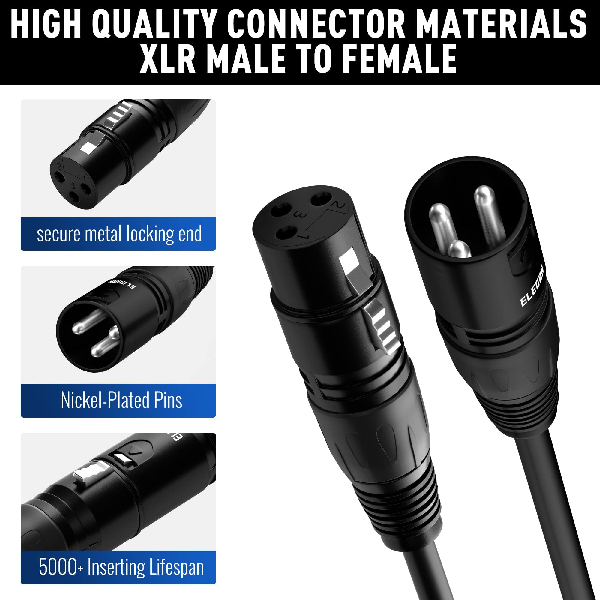 Elecan XLR-Kabel, Mikrofonkabel, 4,5 m, strapazierfähig, symmetrisch, XLR-Lautsprecherkabel (von 7,6 - 60 m), 3-polig, geschirmt, Stecker auf Buchse, DMX-Stagebeleuchtung, Patchkabel für