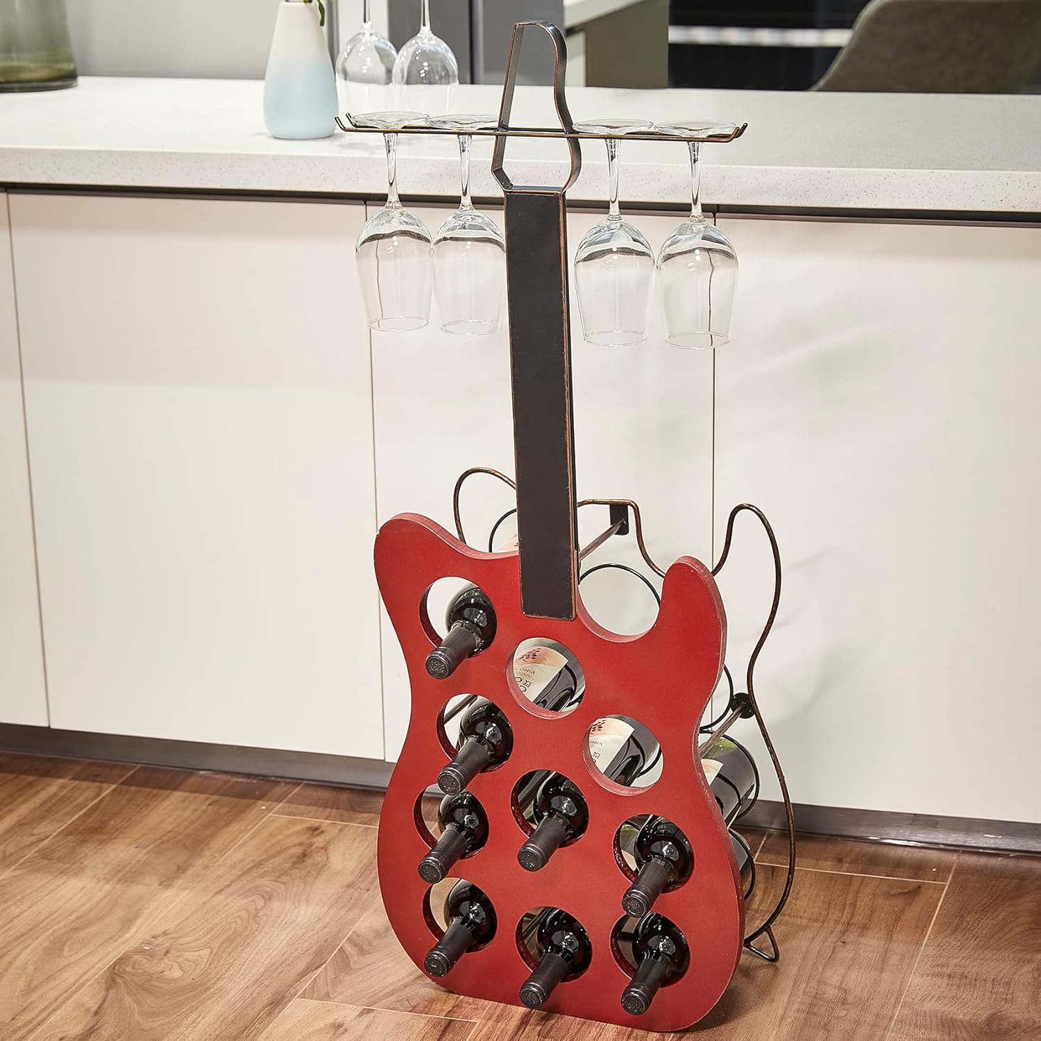 Metal and Wood Guitar Shaped 10 Bottle Wine Rack - Vintage Decorative Wine Holder Freestanding Display, Storage Organizer - Kitchen, Office, Home Bar - Rock N Roll Lover, Electric Guitarist Music Gift