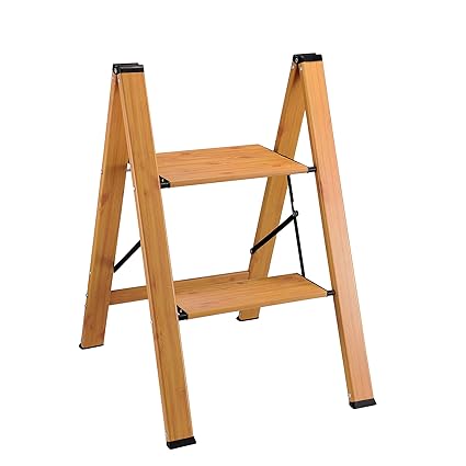 Delxo Aluminum Step Ladder Folding Step Stool 2 Steps,Heavy Duty Woodgrain Finish Lightweight Anti-Slip Portable Collapsible Space Saving Slim Step Stool Ladder Perfect for Kitchen Household 330 lbs