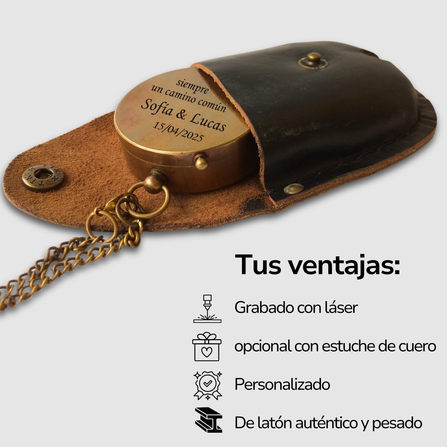 Brújula con tu Texto Personalizado, Funda de Piel o Caja Regalo de Madera Disponible, Vintage