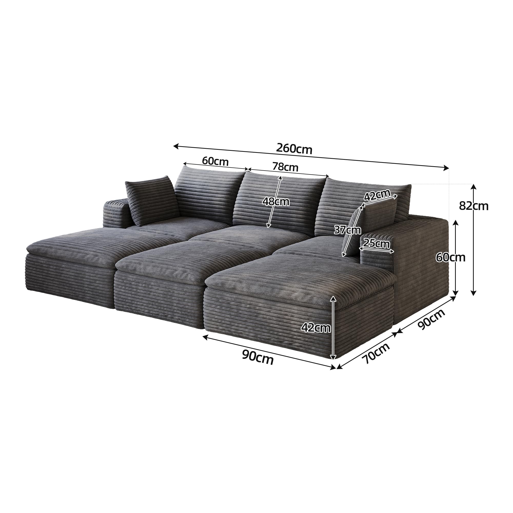 HaoChrymec Divano Cloud in Tessuto a Coste, Design a Doppio Strato, Grigio Scuro, 260 cm