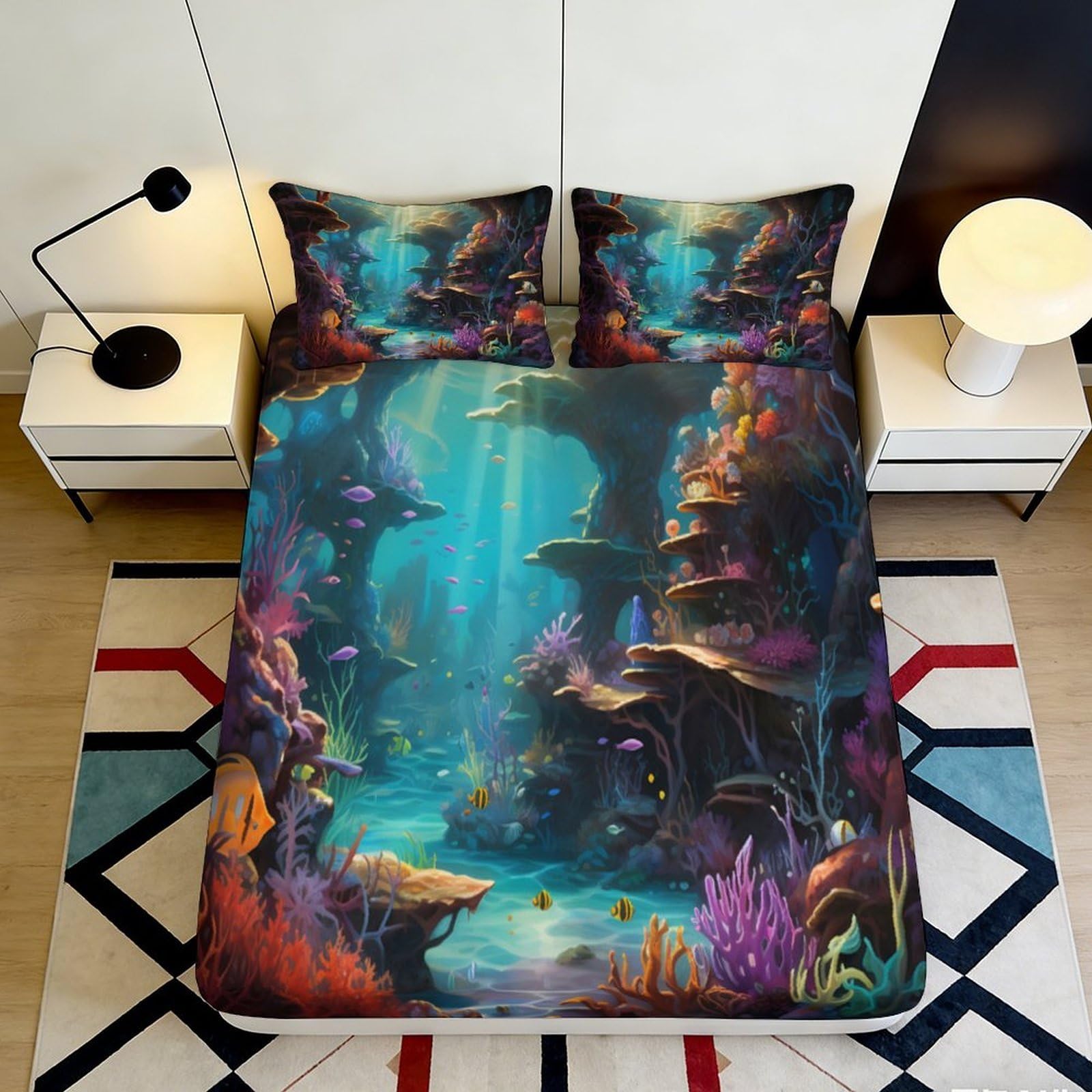 Pnayamiorkfel Style-5 3D Printed Underwater Coral Fitted Sheet Microfiber Soft Mattress Cover Ocean Reef Bed Sheet For Bedroom Decor 90X200x25cm