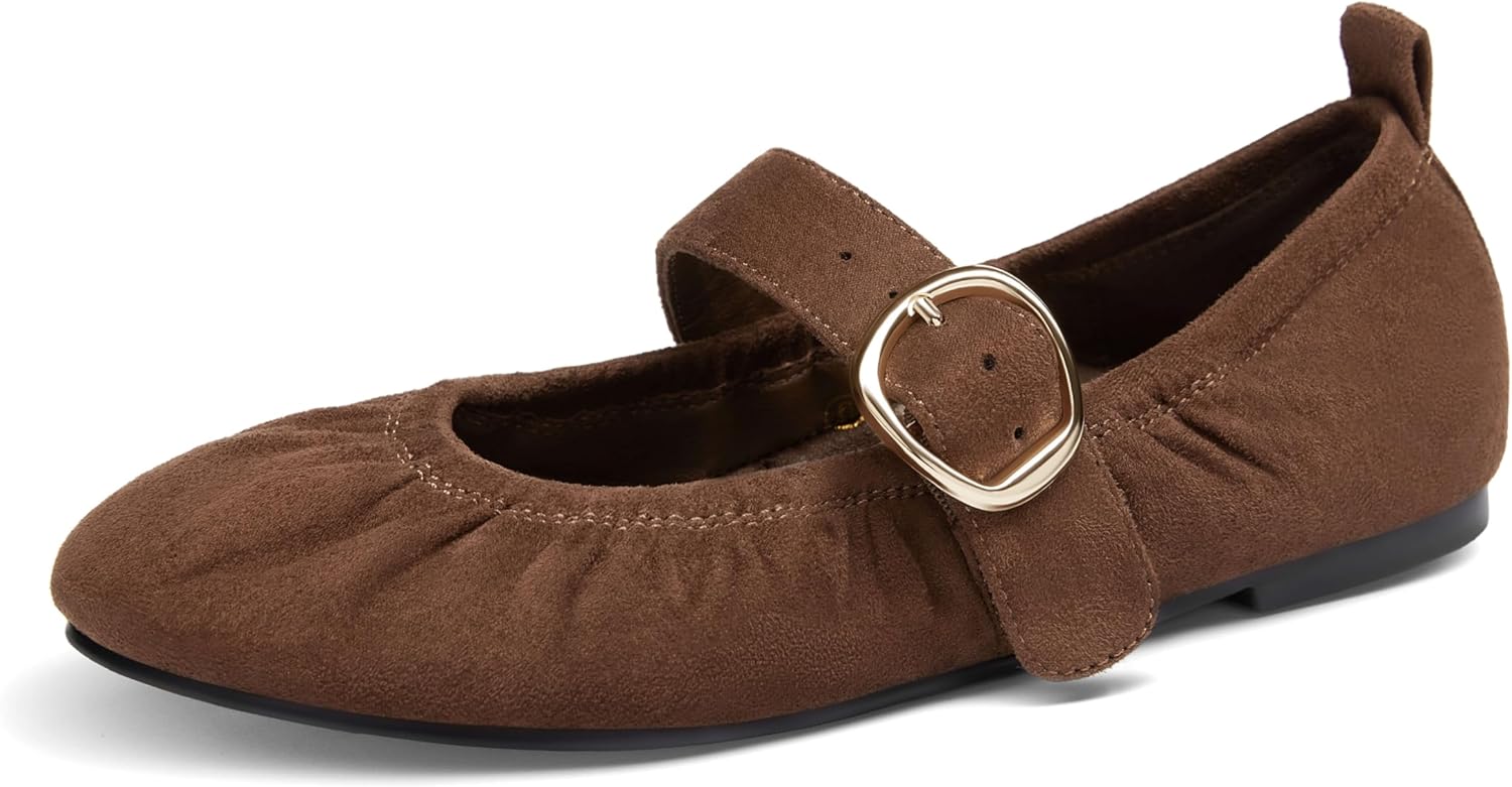 Coutgo Womens Ballet Flats Ruched Round Toe Mary Jane Flats Comfortable Slip On Dressy Shoes