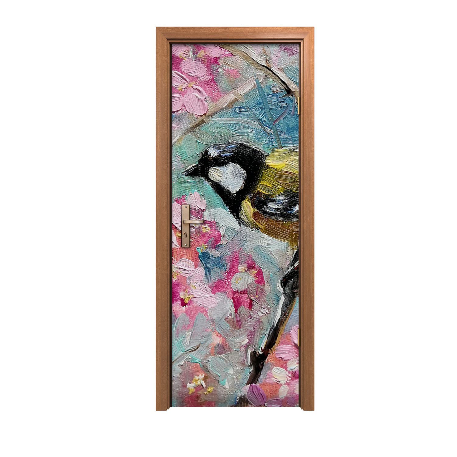 Autocollant de porte 70x200cm au design d'intérieur mural oiseau et fleurs haute définition