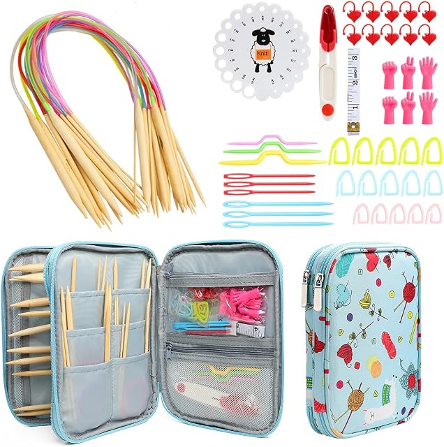 Sunfry 62 Pack Circular Bamboo Knitting Needles Set 18 Pairs 2-10mm Knitting Kit for Beginners and Professionals with Stitch Markers, Measuring Tape, Scissors