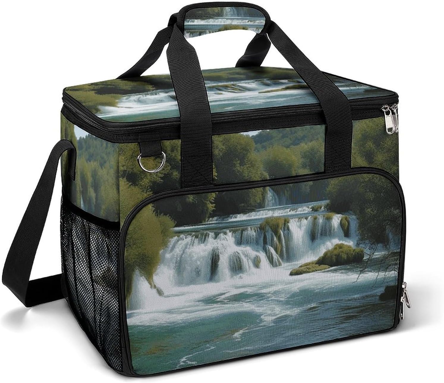 Insulated Picnic Backpack Tote Bag, Large Capacity 30L Waterfalls on Krka River Cooler Bag Leakproof Beach Bags Portable Lunch Box Waterproof Picnic Basket for Beach Camping BBQ