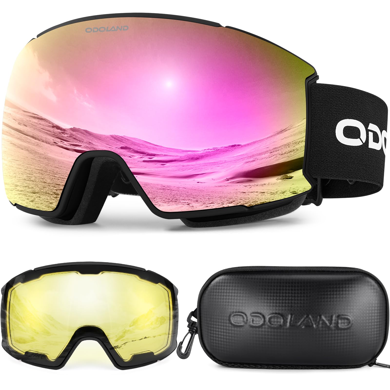 Odoland Ski Goggles Set with Detachable Lens, Interchangeable Lens, Anti-Fog UV Protection Snow Goggles for Men and Women, Helmet Compatible, Black Frame Pink Lens vlt 15%