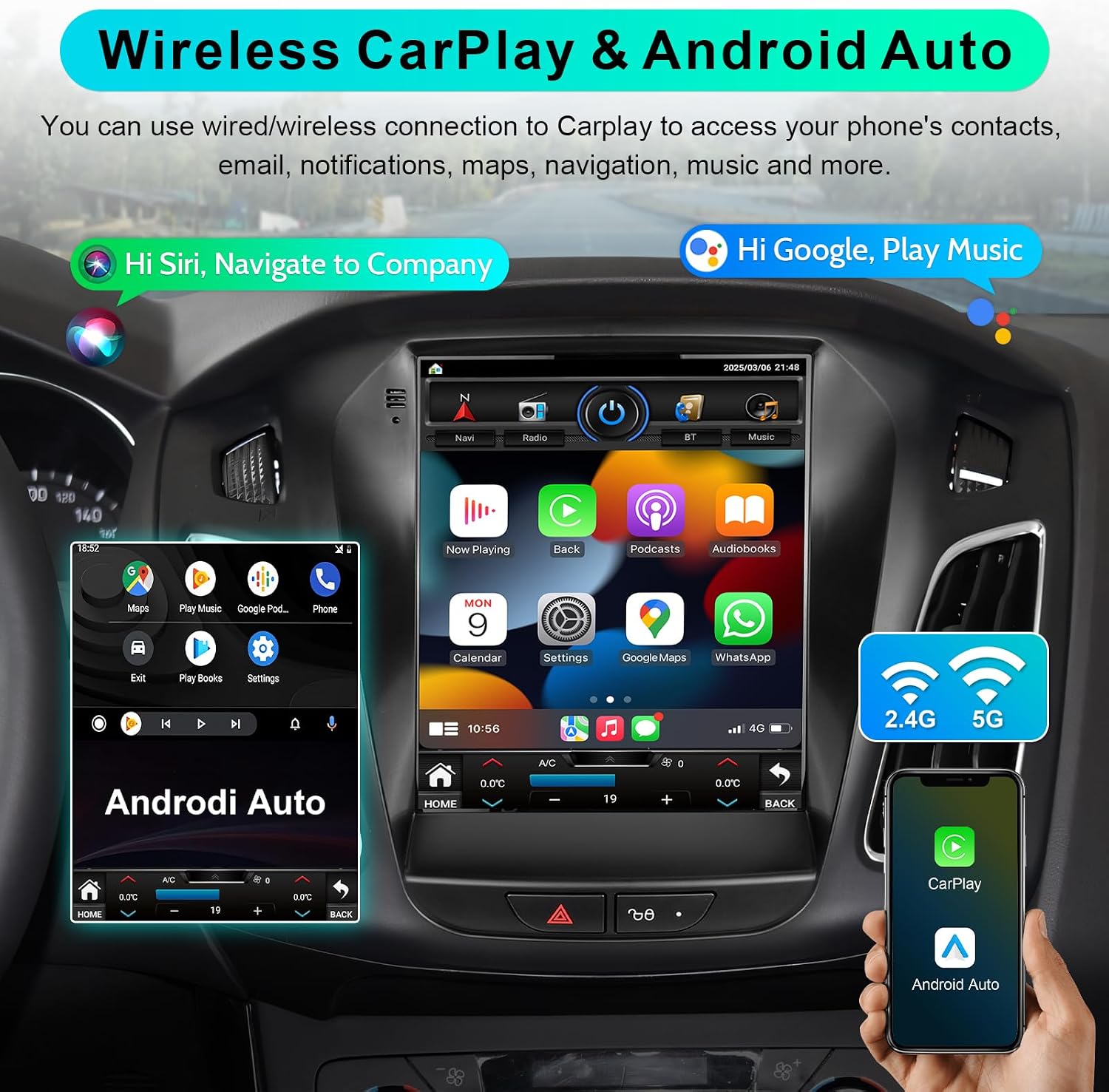Car Radio Android 64G for Ford Focus 2012 2013 2014 2015 2016 2017 2018 Stereo with Wireless Carplay Android Auto,9.7 Inch Vertical HD Touchscreen with GPS Bluetooth WiFi 1080P HD Backup Camera