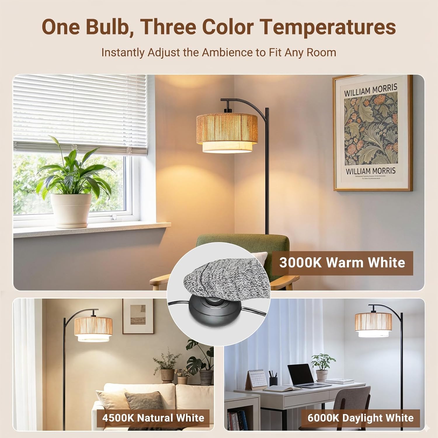 TJOY Floor Lamp for Living Room with 12W LED Bulb, Arc Floor Lamp, 3 Color Temperatures Standing Floor Lamp with Boho Rattan & Fabric Shades for Living Room, Bedroom, Farmhouse, Corner