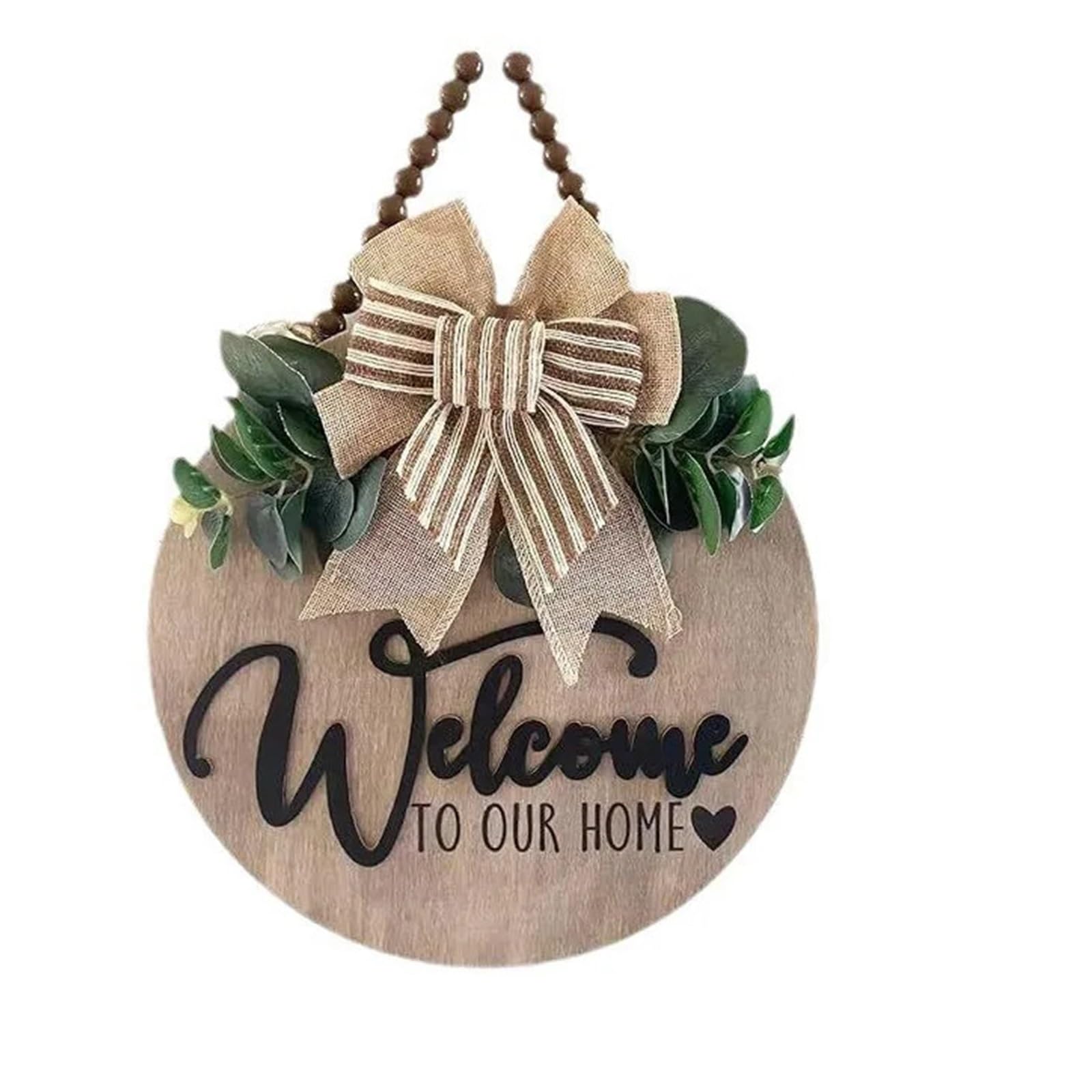 Front Door Wreath Welcome Sign 3D Welcome Sign For Front Door | Home/Farmhouse Porch Décor Wooden Hanging Sign With Artificial Leaves And Rustic Beads