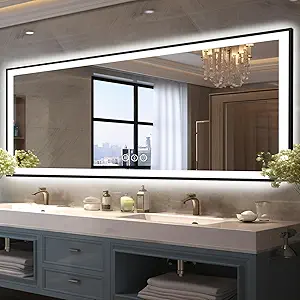 96x36 Large Lighted Bathroom Mirror, Black Rim(Front and Backlit), 3 Colors and Dimmable Vanity Mirror, Tempered Glass, IP54 Enhanced Anti-Fog, Anti-Corrosion, Memory (Horizontal/Vertical)