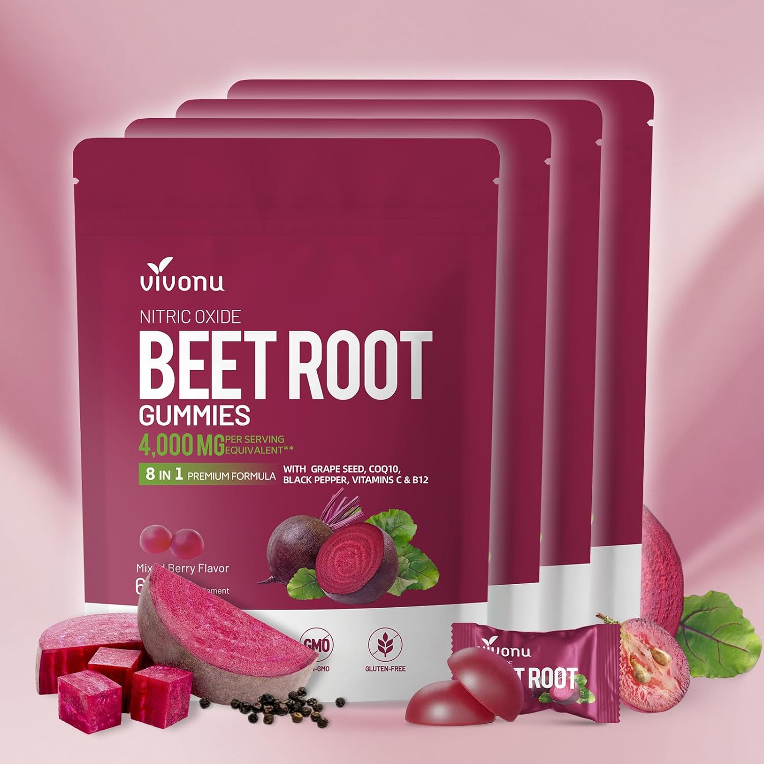 VivoNu Beet Root Gummies 8-in-1 Premium Energy Supplement with CoQ10, Beetroot Extract, Grape Seed Extract, Black Pepper Extract, Vitamins C & B12, L-Arginine & L-Citrulline