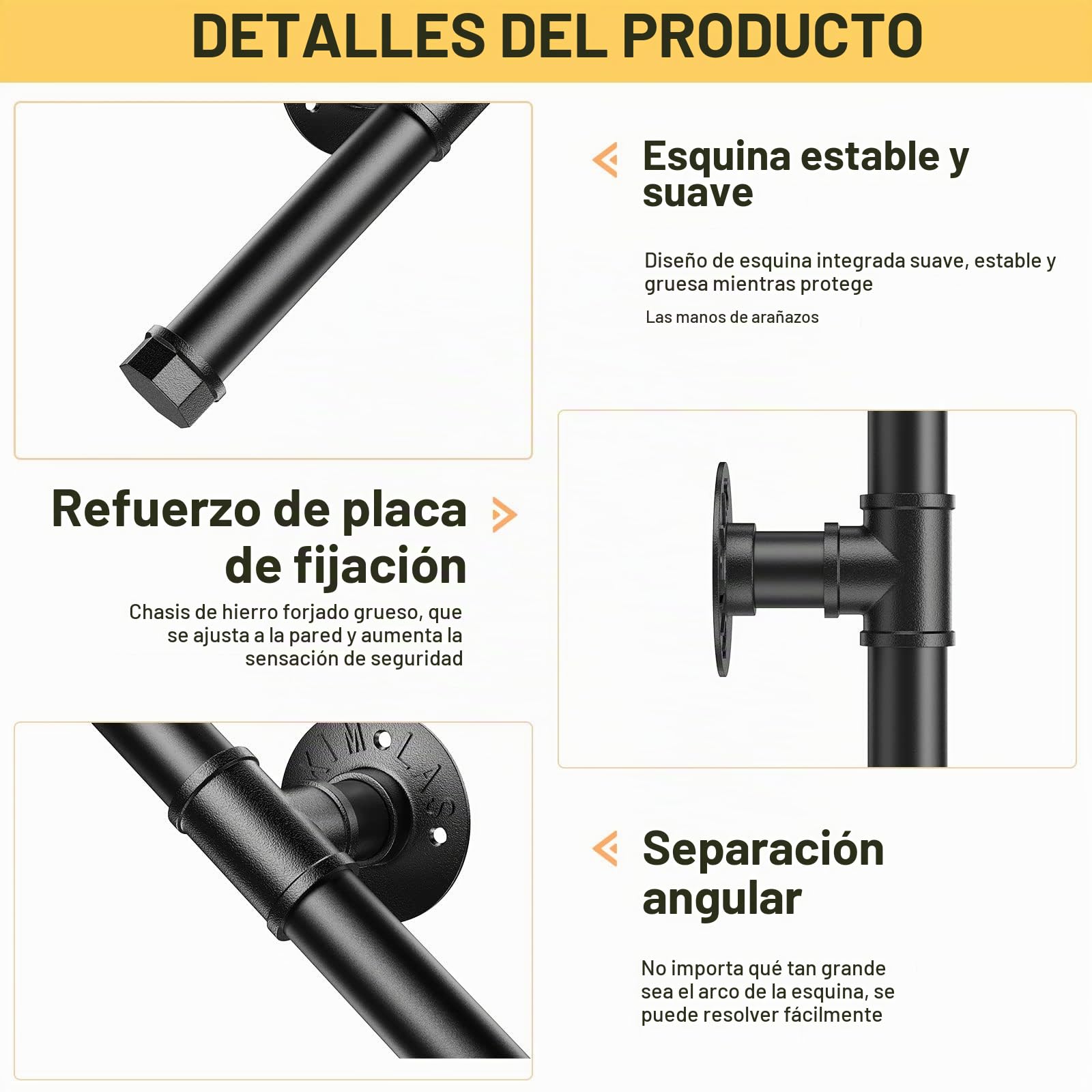 Pasamanos Escalera, Aomdom Pasamanos para Escaleras Interior Exterior Barandilla Escalera Negro con tubo de acero Galvanizado Industrial Antideslizante para Cocina Baño Jardín, 2M