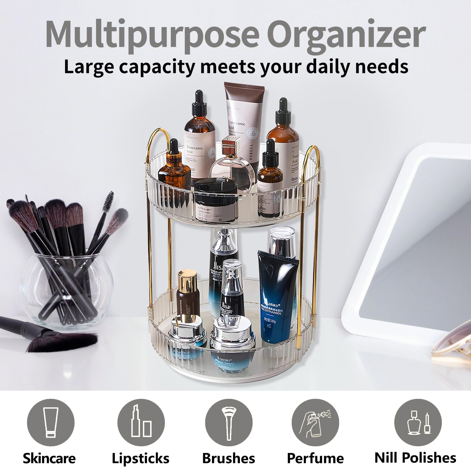Asayuee Organizzatore per trucchi rotante a 360 gradi, organizer per trucchi a 2 livelli di grande capacità, organizer per cosmetici per la cura della pelle, organizer per cosmetici da bagno