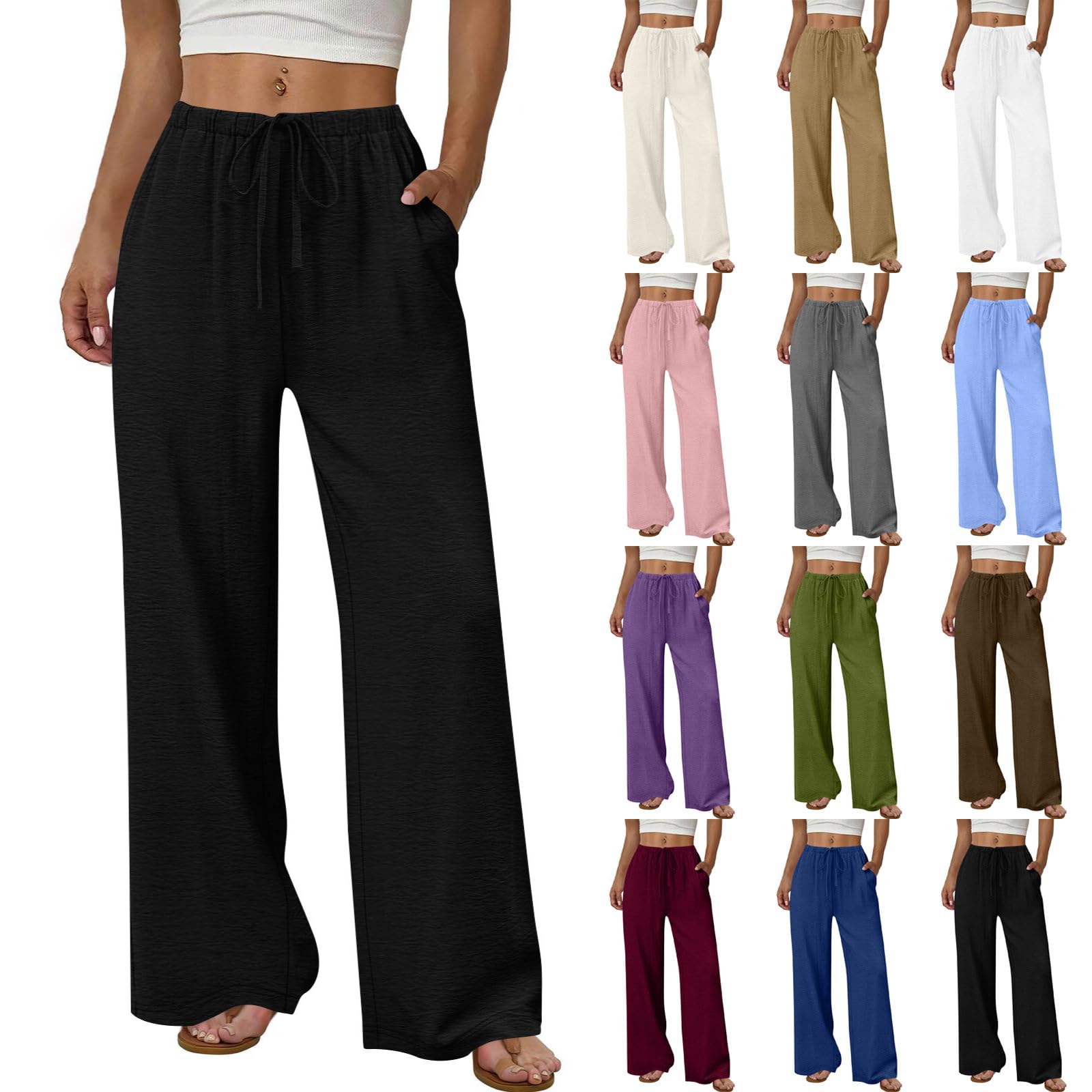 GOHRSHA Linen Palazzo Pants for Women with Pockets High Waisted Wide Leg Trousers Casual Drawstring Elastic Waist Pants