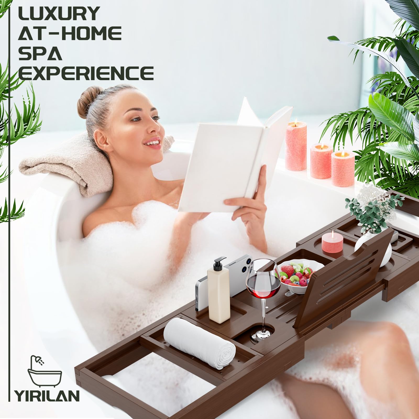 Plateau de bain en bambou extensible, Accessoire Salle de Bain, Plateau Réglable avec Porte-boisson, Serre-livres et Positions Fonctionnelles