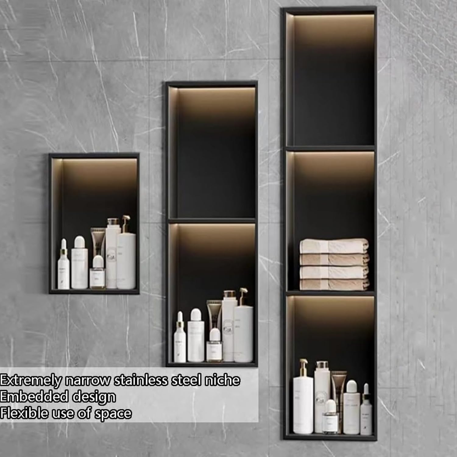 inless - Armario empotrable de acero con LED para pared moderno para baño y cocina (Schwarz, 70 x 28 x 12,5 cm)