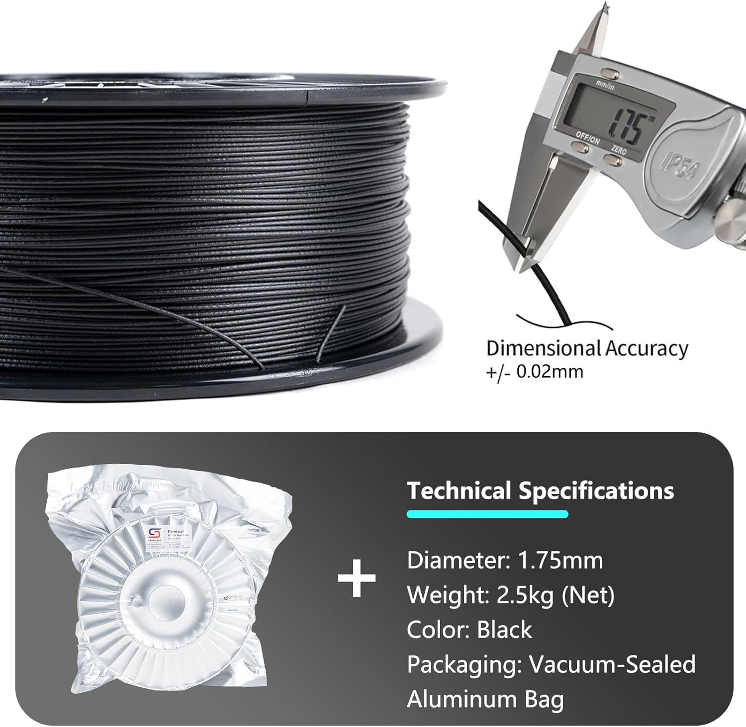 Siraya Tech Fibreheart PET-CF 3D Filament - Carbon Fiber Reinforced, Large 2.5kg Spool for Industrial & Print Farms, High Strength & Rigidity, Easy Printing, Dimensionally Stable (Black, 2.5kg)