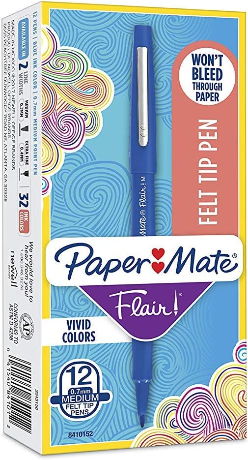 Paper Mate Flair Felt Tip Pens, 0.7mm, Medium Point, 12-Count (Blue)