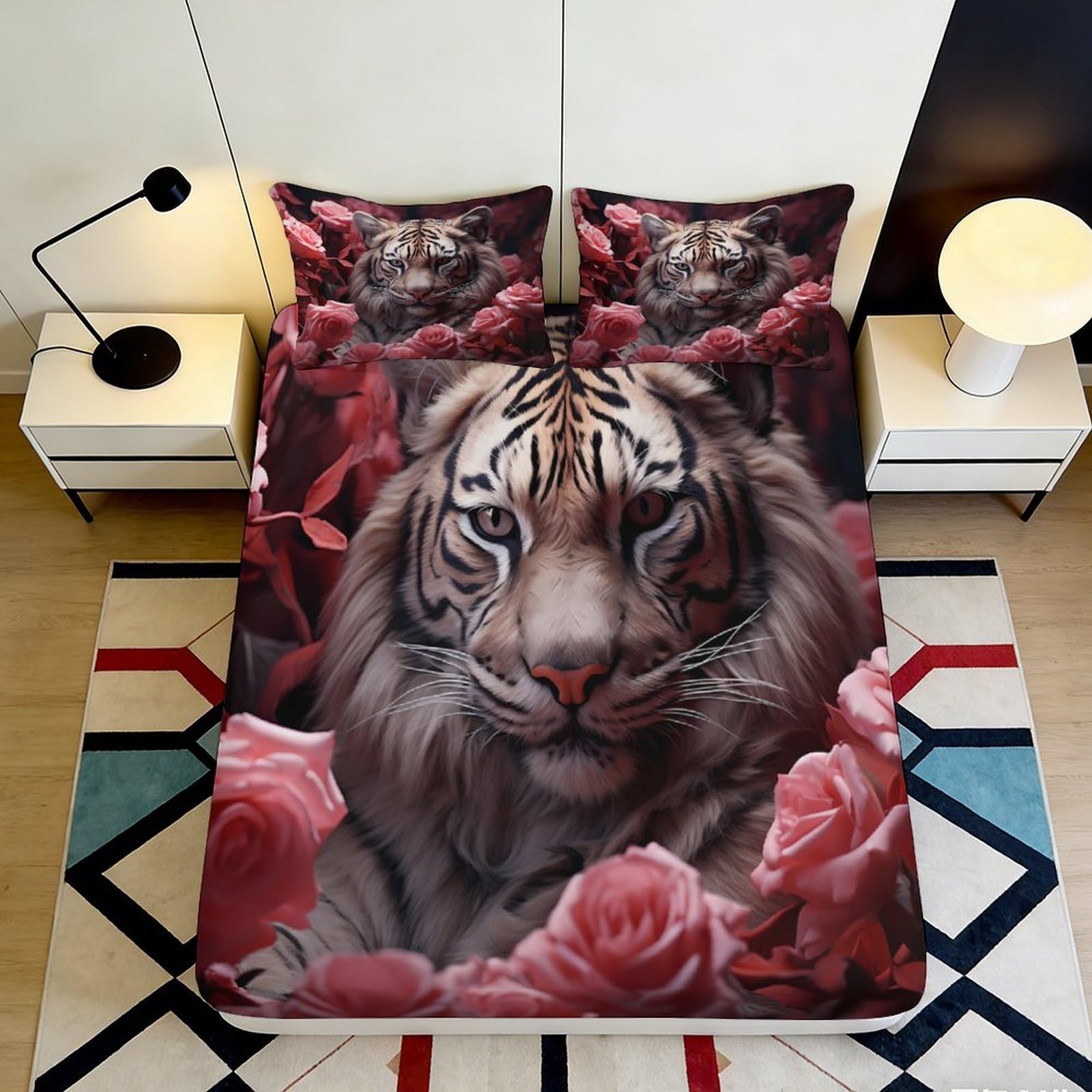 3D Printed tiger motif Fitted Sheet with pink rose accents, Microfiber soft touch, wrinkle resistant, apartment bedding, bedroom decor, easy care 120x200x25cm