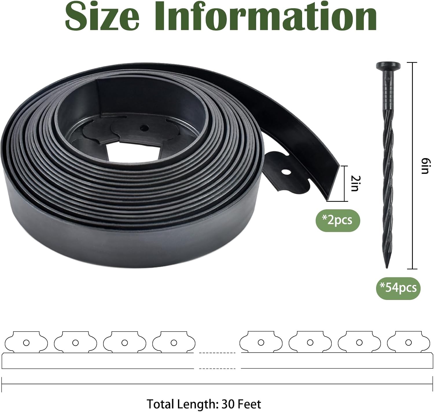 2 Pcs Garden Edging, 60ft Black Landscape Edging, 54 Spikes for Lawn 2 Inch Tall （60Ft Total）