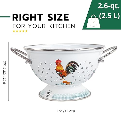 Miniatura 3 de Escurridor de malla fina de aluminio esmaltado para alimentos, colador de esmalte de gallo dorado  colador de 2.6 cuartos de galón (2.5 L)