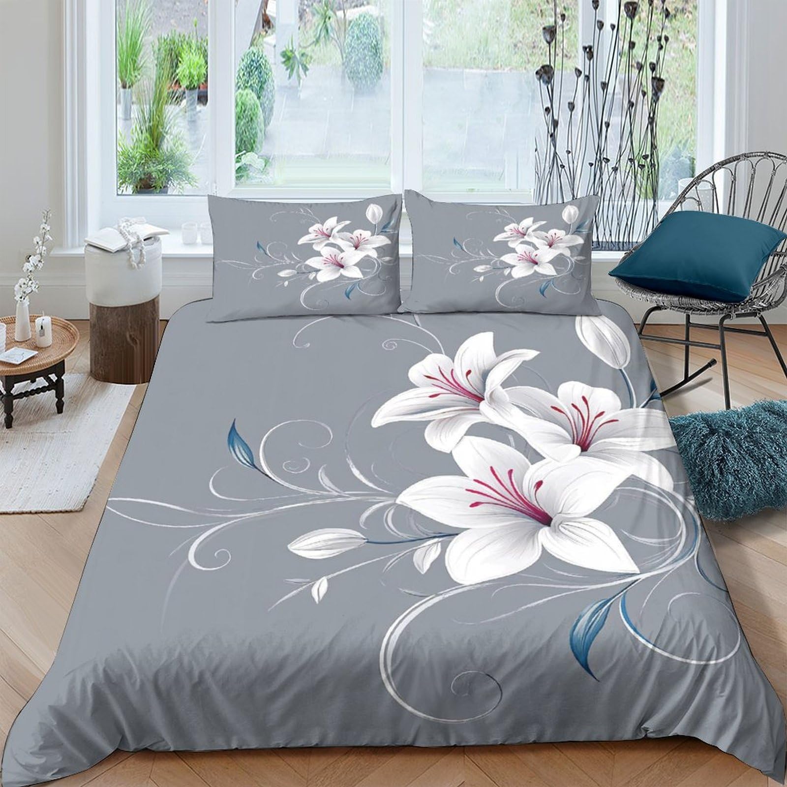 Ctjqhvkz Style-1 3D Printed White Lily Fitted Sheet Microfiber Soft Grey Floral Mattress Cover For Bedroom Guest Room Decor Single（135X200cm）