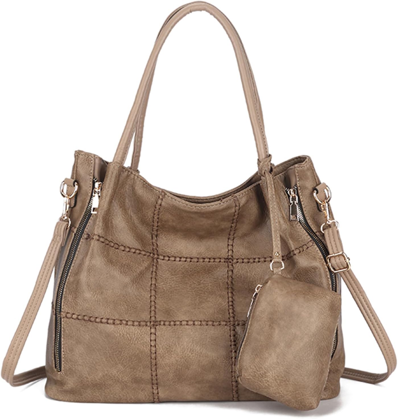 myfriday 2Pcs Soft Tote Handbags for Women Set, Vegan Leather Slouchy Shoulder Handbag Top Handle Satchel Purse