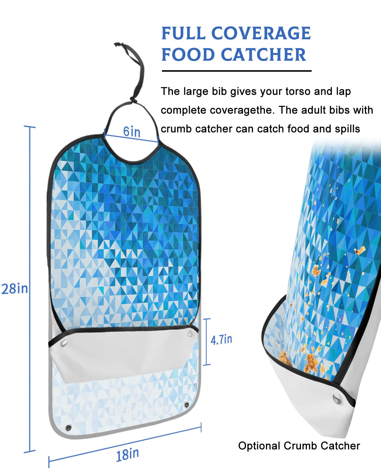 QueenKer Funny Adult Bibs for Eating, Blue Gradient Geometric Pattern Waterproof Clothing Protector Washable Adult Bib with Crumb Catcher for Men Women Elderl and Seniors