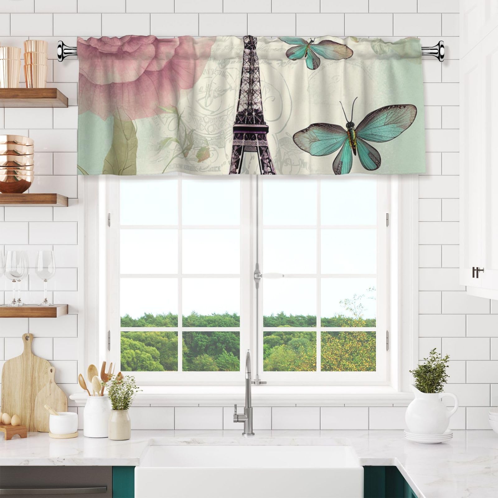 Retro Dragonfly French Tower Valances for Windows Short Curtains Rod Pocket Cafe Window Treatments Valance Curtains for Kitchen Bathroom Laundry Basement Windows 54x18inch Blackout Window Valance