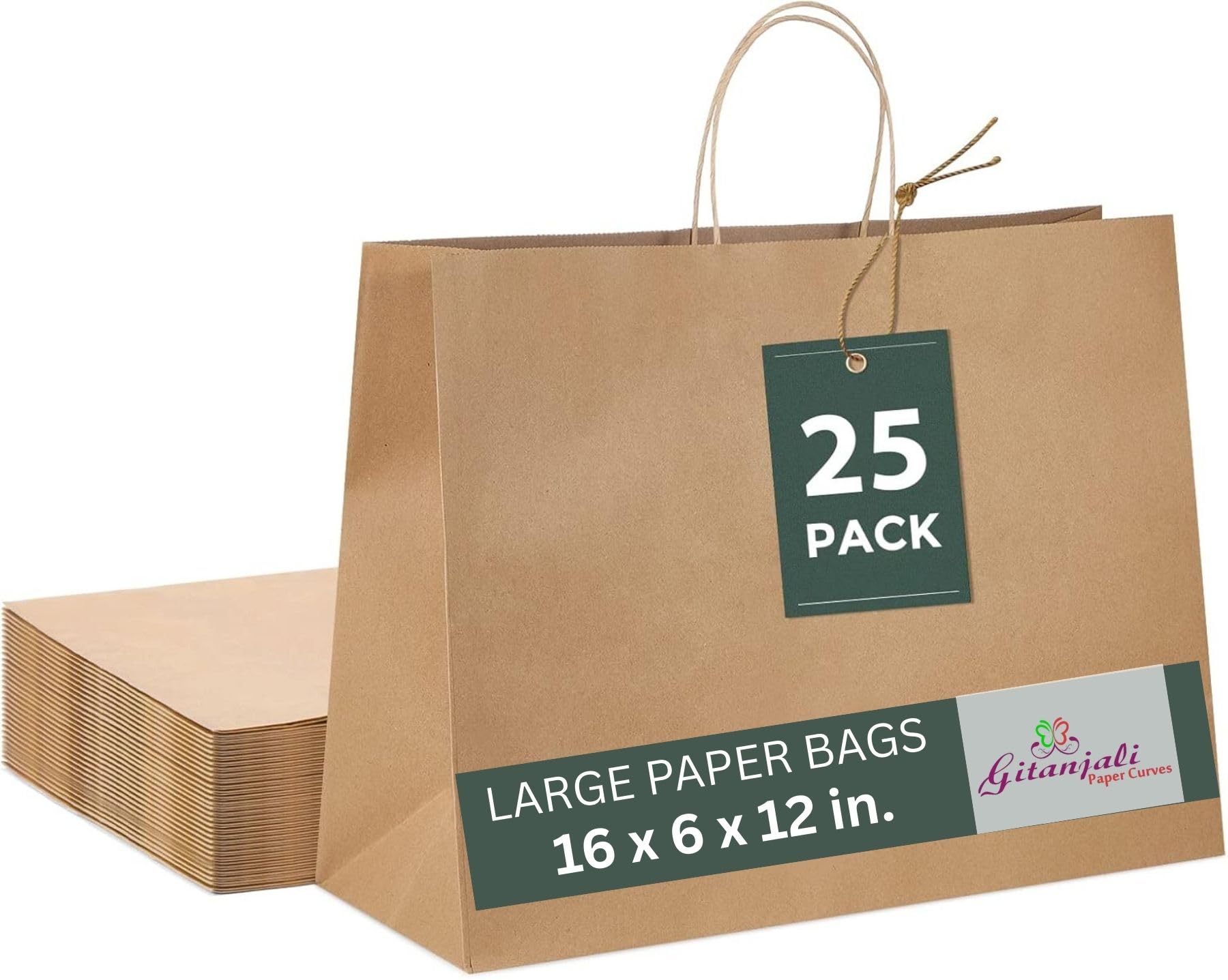 Gitanjali Paper Curves- 25pack 16x6x12 in Large size Brown Paper Gift Bags with Handles Bulk | Recycled Eco friendly Kraft Paper Bag for Retail, Shopping, Favor, Birthday, Party, Business, Grocery, Take out