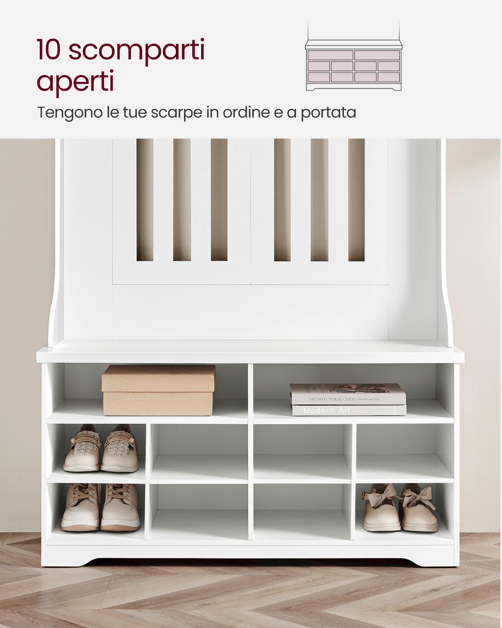 VASAGLE Appendiabiti Ingresso con Panca Scarpiera, Mobile Ingresso con Porta Scarpe, 5 Ganci Tripli, Appendiabiti da Terra, Salvaspazio, per Entrata, Ripiani Regolabili, Bianco Nuvola HSR404T10