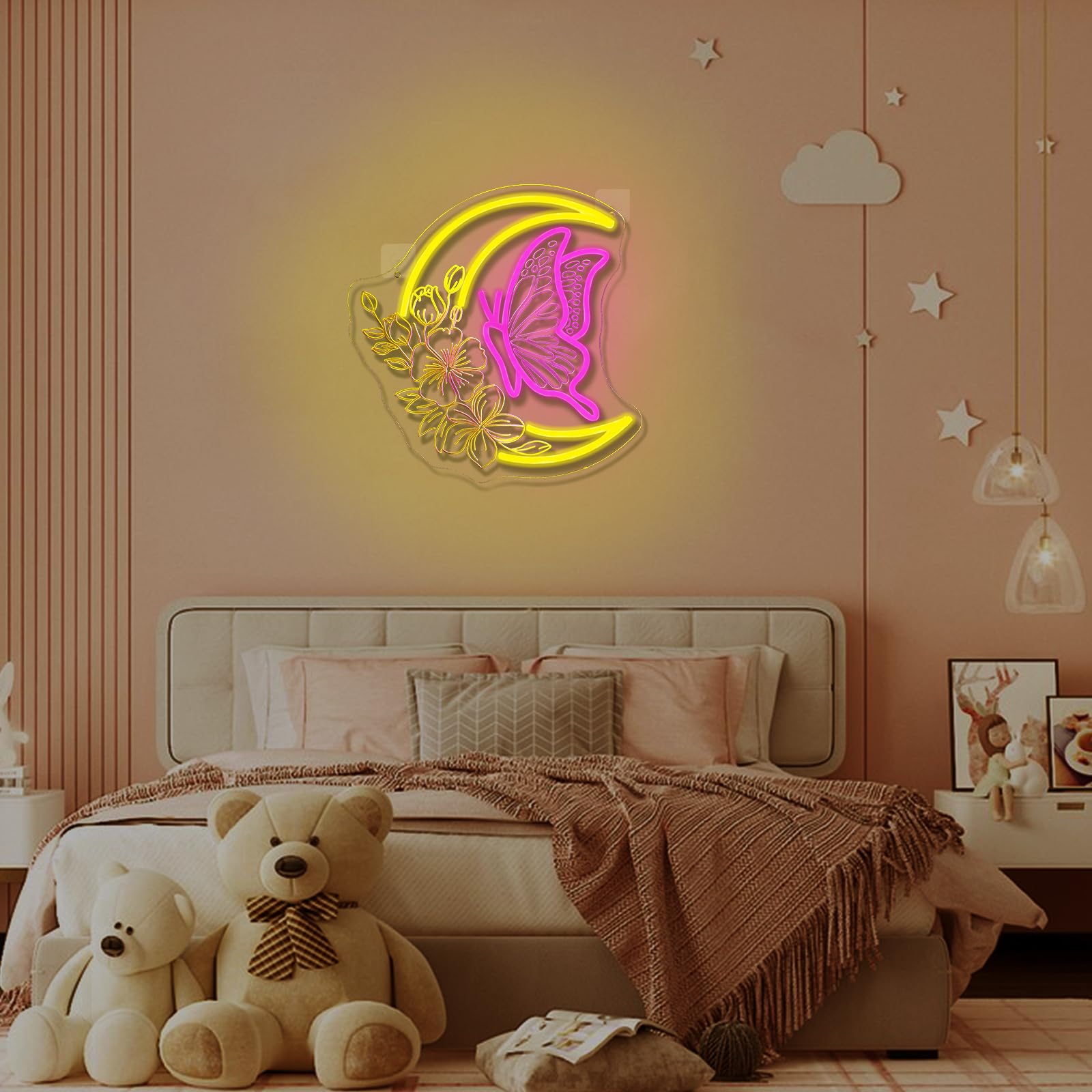 Letrero de neón con diseño de mariposa y luna, regulable, para decoración de pared, letreros LED de luna para dormitorio, sala de estar, habitación de niñas, bar, fiesta de cumpleaños