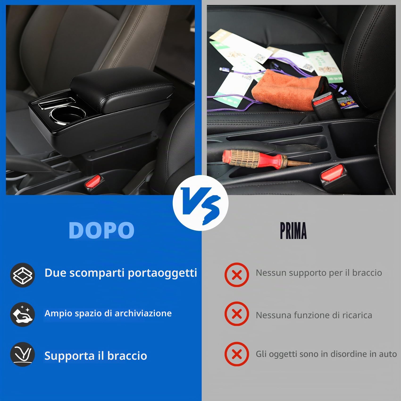 Bracciolo Centrale per VW POLO Mk5 6R Vento 2010-2018, Doppio Scomparto, Pelle Nera, Facile da Installare, Accessorio Auto Personalizzato