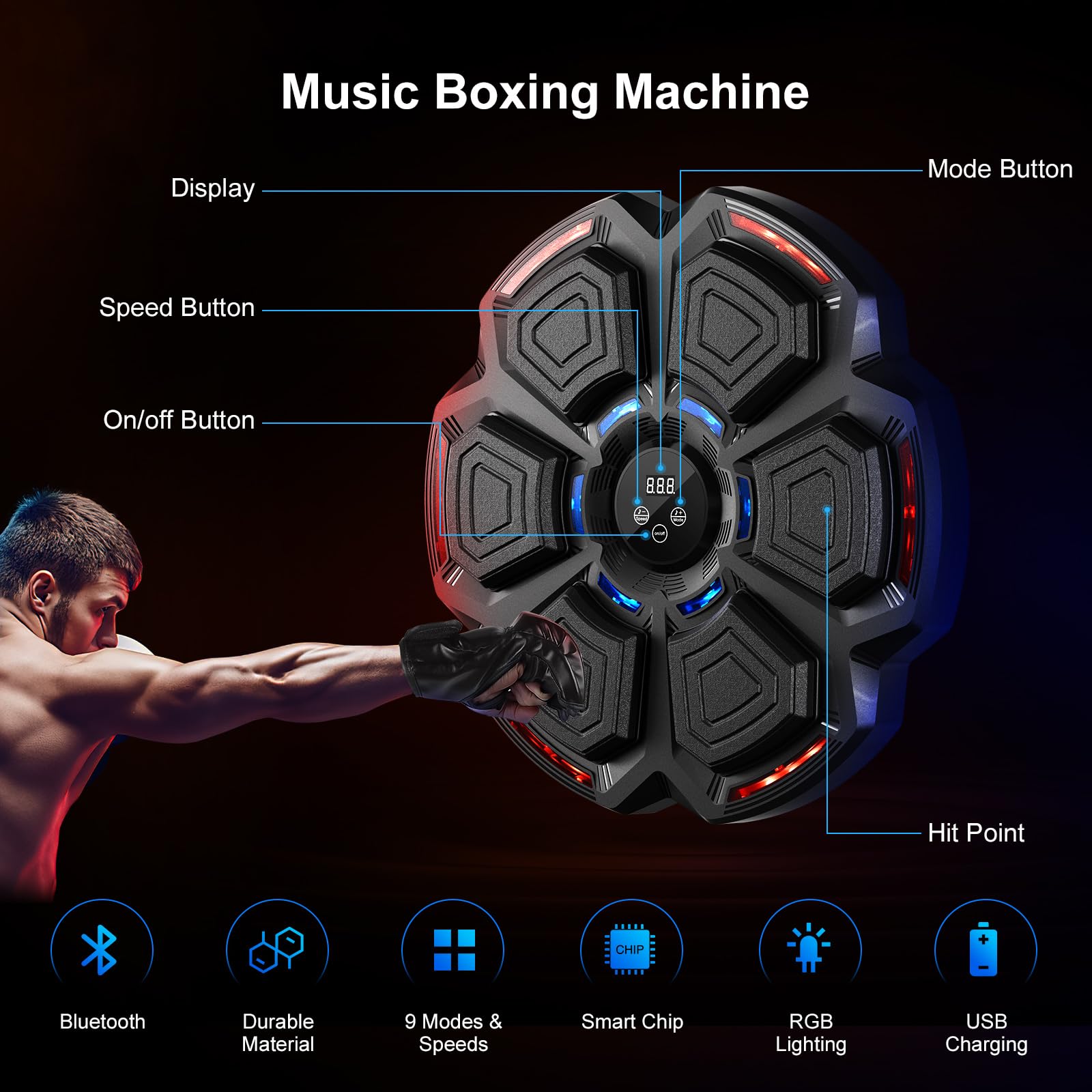 FOOING Macchina da Pugilato Musicale, Smart Punching Machine con 9 Livelli di velocità e 9 modalità di Regolazione, Bluetooth e Luce LED, Attrezzatura per L'Allenamento con Guantoni Boxe