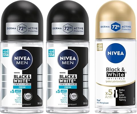 NIVEA Men Erkek Roll On Deodorant Black&White Invisible Fresh 50 ml X2 + NIVEA Kadın Roll On Deodorant Black&White Invisible İpeksi Pürüzsüzlük 50ml