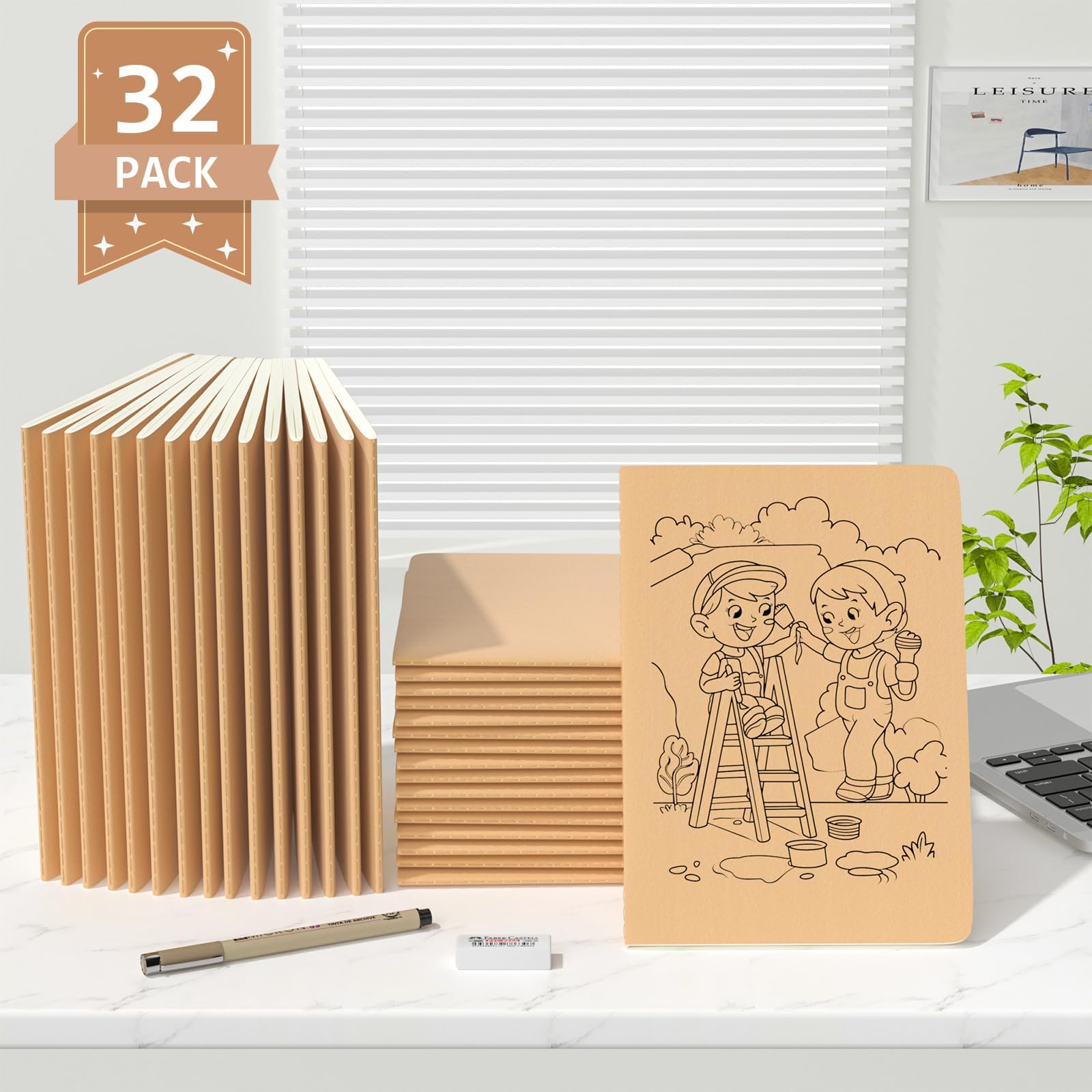 Quaderno A5 per schizzi, formato A5, confezione da 32 piccoli quaderni in carta kraft, 20 x 14 cm, composizione marrone, quaderno da disegno, copertina morbida, blocchi per la scuola, forniture