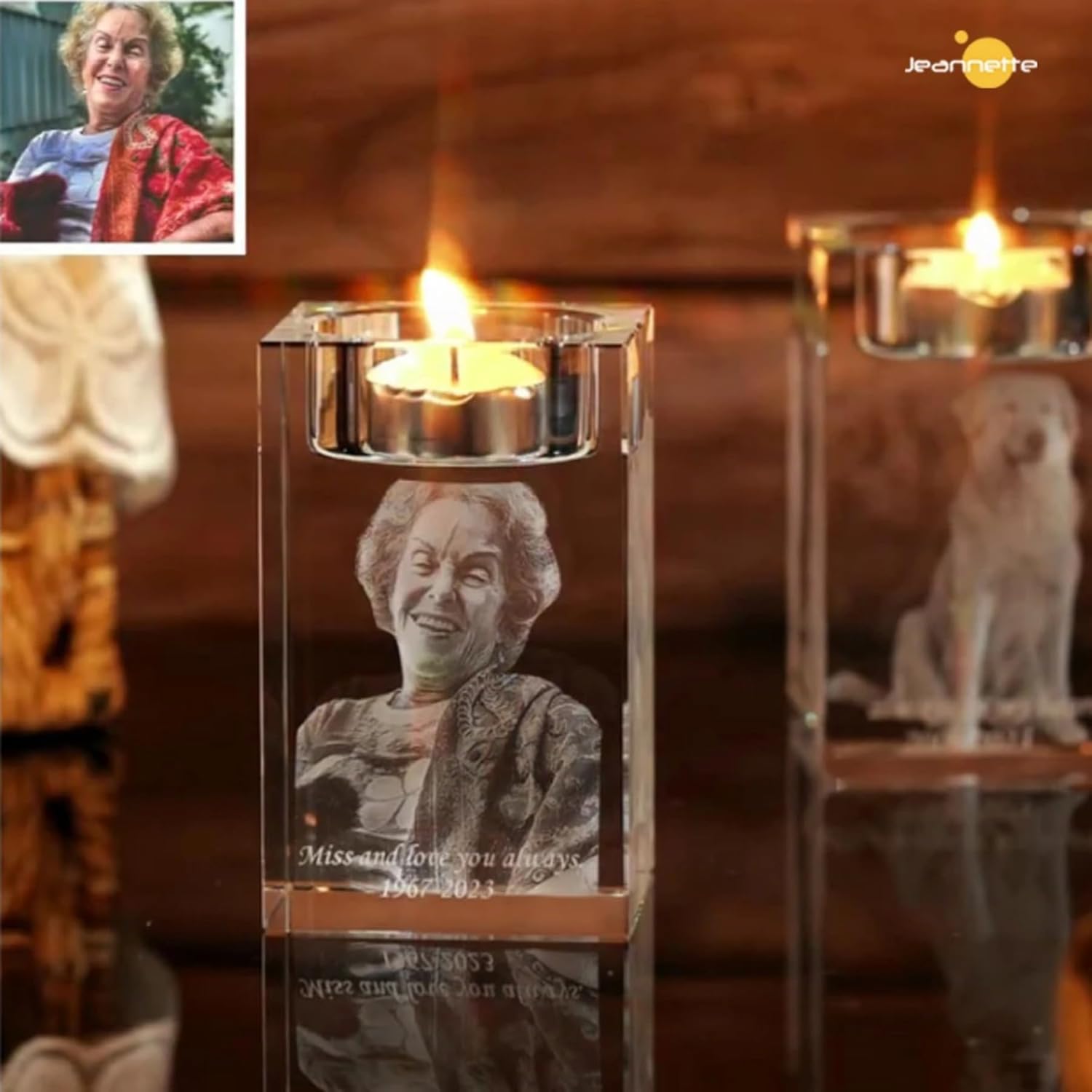 Personalized Photo Engraved Crystal Candelabra 3D Memorial Candle Laser Photo Glass Candle Holder Funeral Memorial Candle Photo Personalized (5x5x12cm)