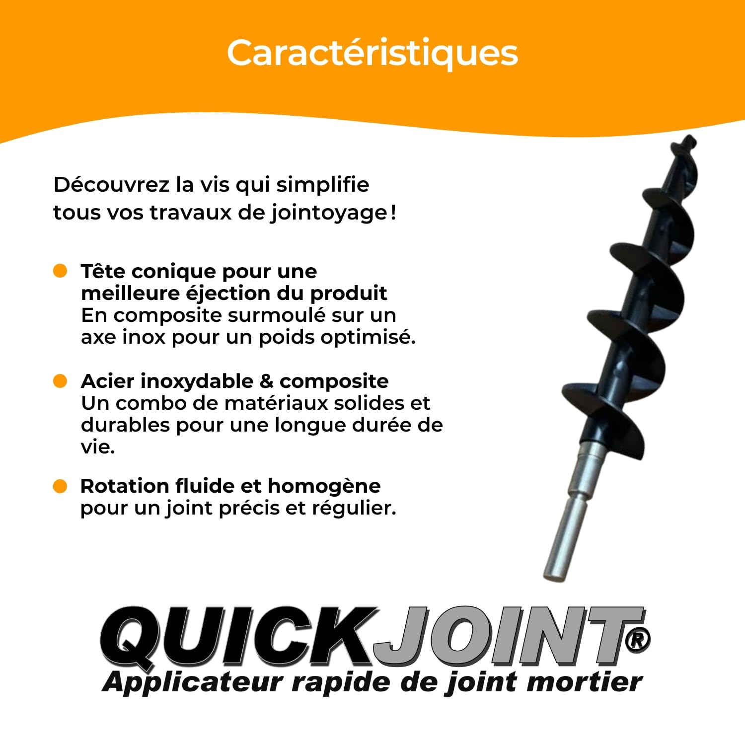 QUICKJOINT® VIS SANS FIN, En composite surmoulé sur un axe en inox, Accessoire pour Applicateur Rapide de Joint Mortier Quickjoint et Outils de Maçonnerie