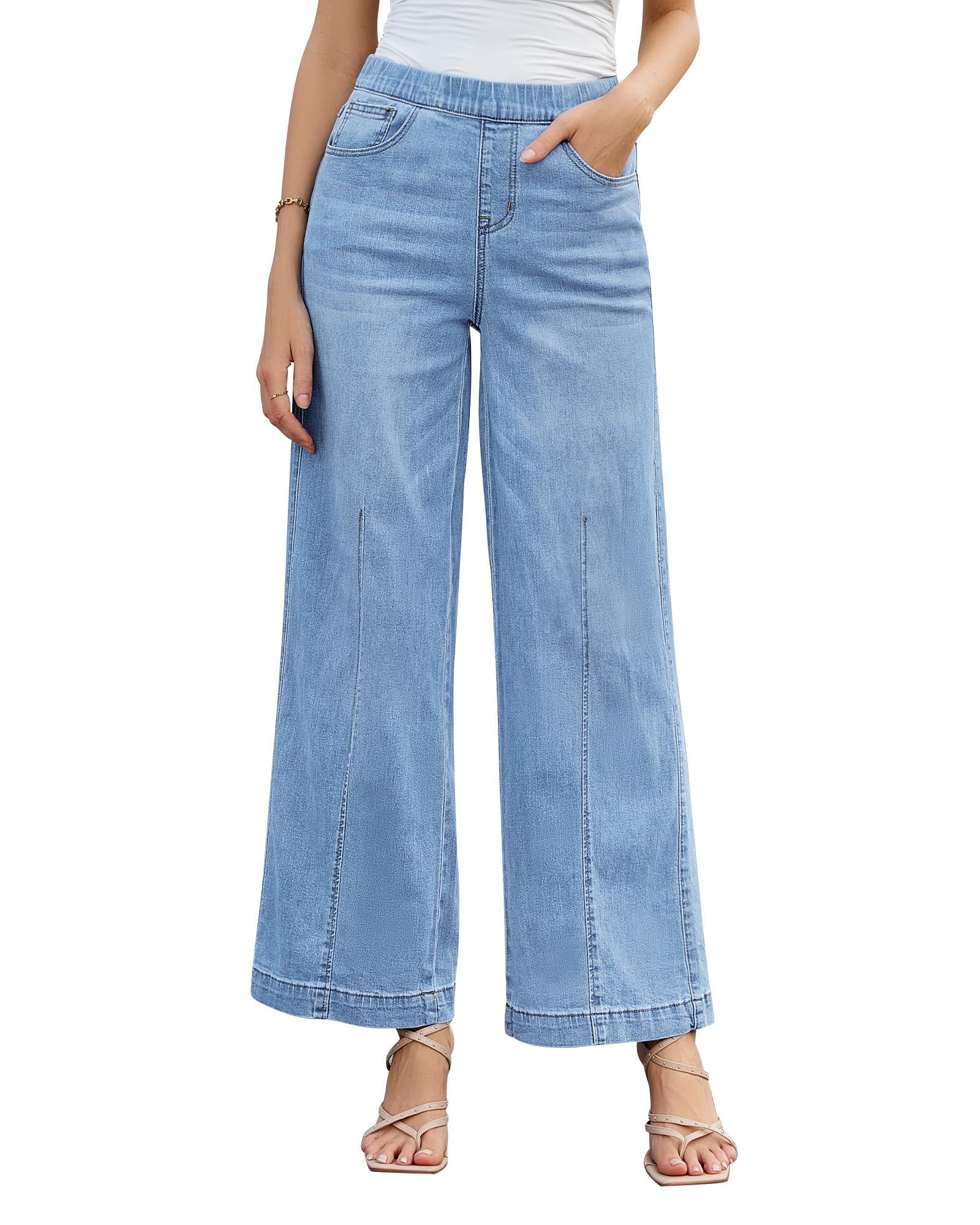 Roskiky Jeans Damen High Waist Pull On mom Jeans Stretchy High Waisted Denim Wide Leg Trouser Pants Trendy Front Seam 90s Loose Jean