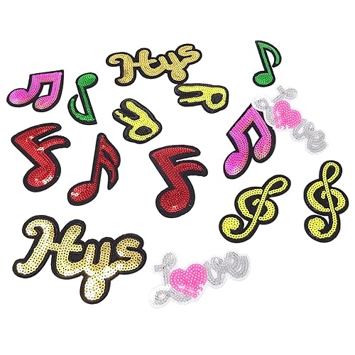 Honbay 16PCS Sequin Music Notes Iron on/Sew on Patch Bling Embroidered Applique for Jackets Cloth Backpack Clothes Decoration (8 Styles)