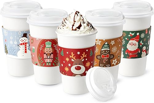Paquete de 50 tazas de café desechables de Navidad de 16 onzas con tapas y fundas de Navidad, vasos de papel de Navidad gruesos duraderos para
