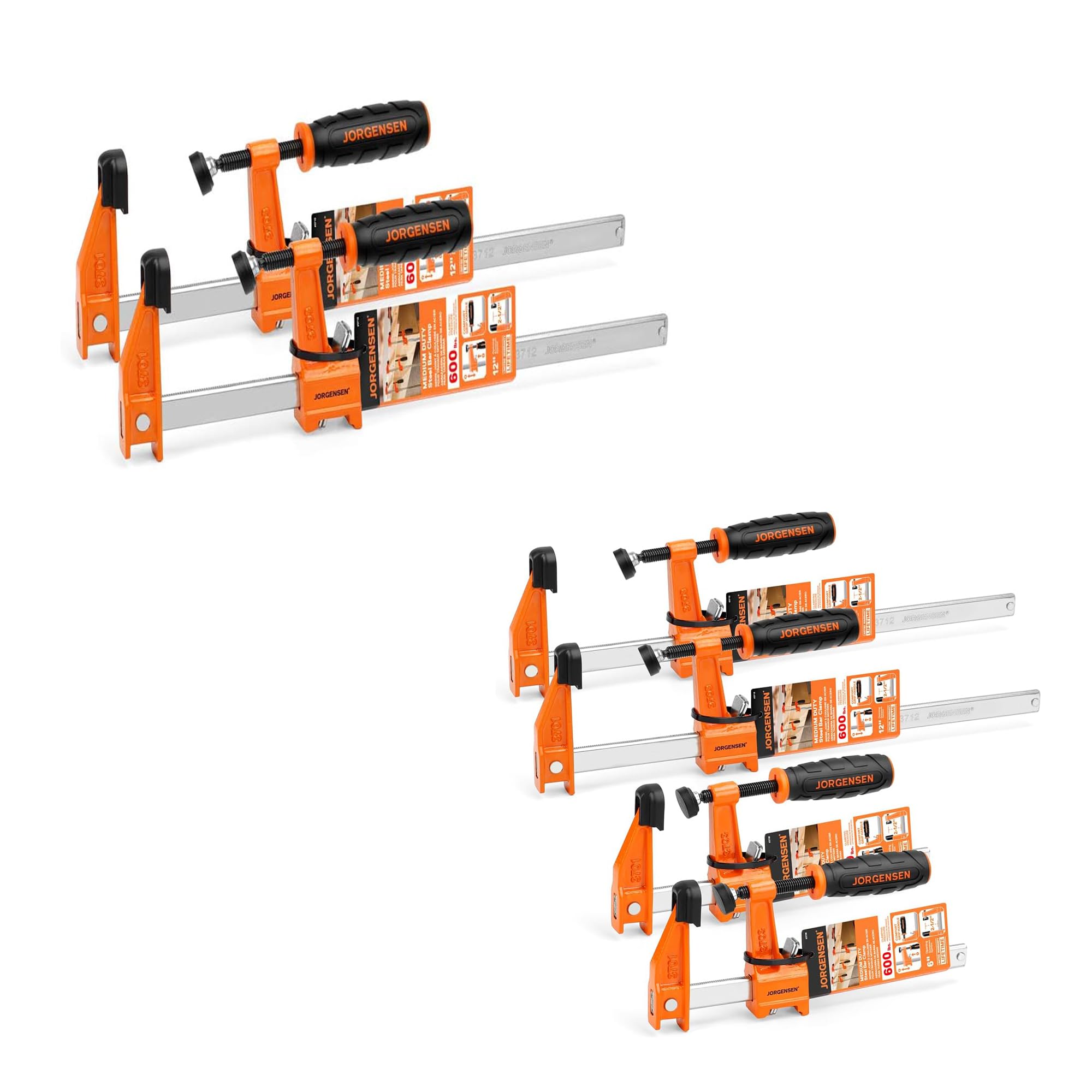 JORGENSEN 6-pack Steel Bar Clamps Set, 6-inch (2) & 12-inch (4) Medium Duty F-Clamp, 600 Lbs Load Limit, for Woodworking