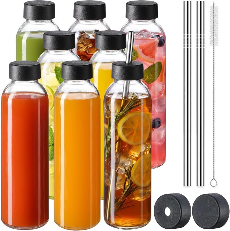 [UPGRADED LID] 8 Pack 18 oz Glass Juice Bottles with 8 Airtight Lids &2 Straw Hole Lids &2 Straws, Reusable Drinking Jar, Clear Water Bottles for Juicing, Smoothies, Refrigerator & Travel - BPA Free