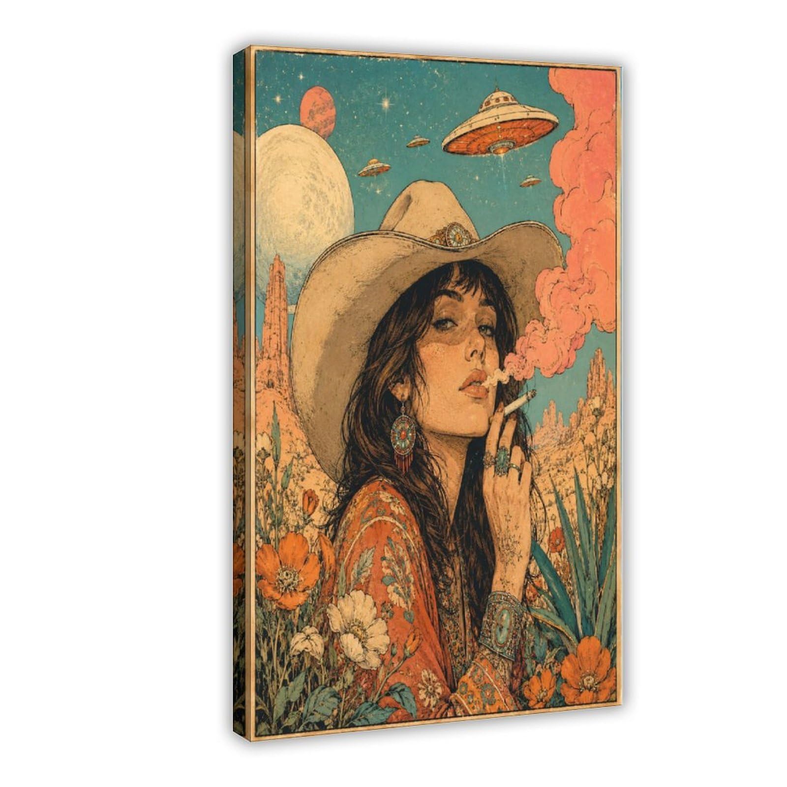 W7C8U2X3 Cowgirl with UFOs Canvas Wall Art, Vintage Sci Fi Entryway