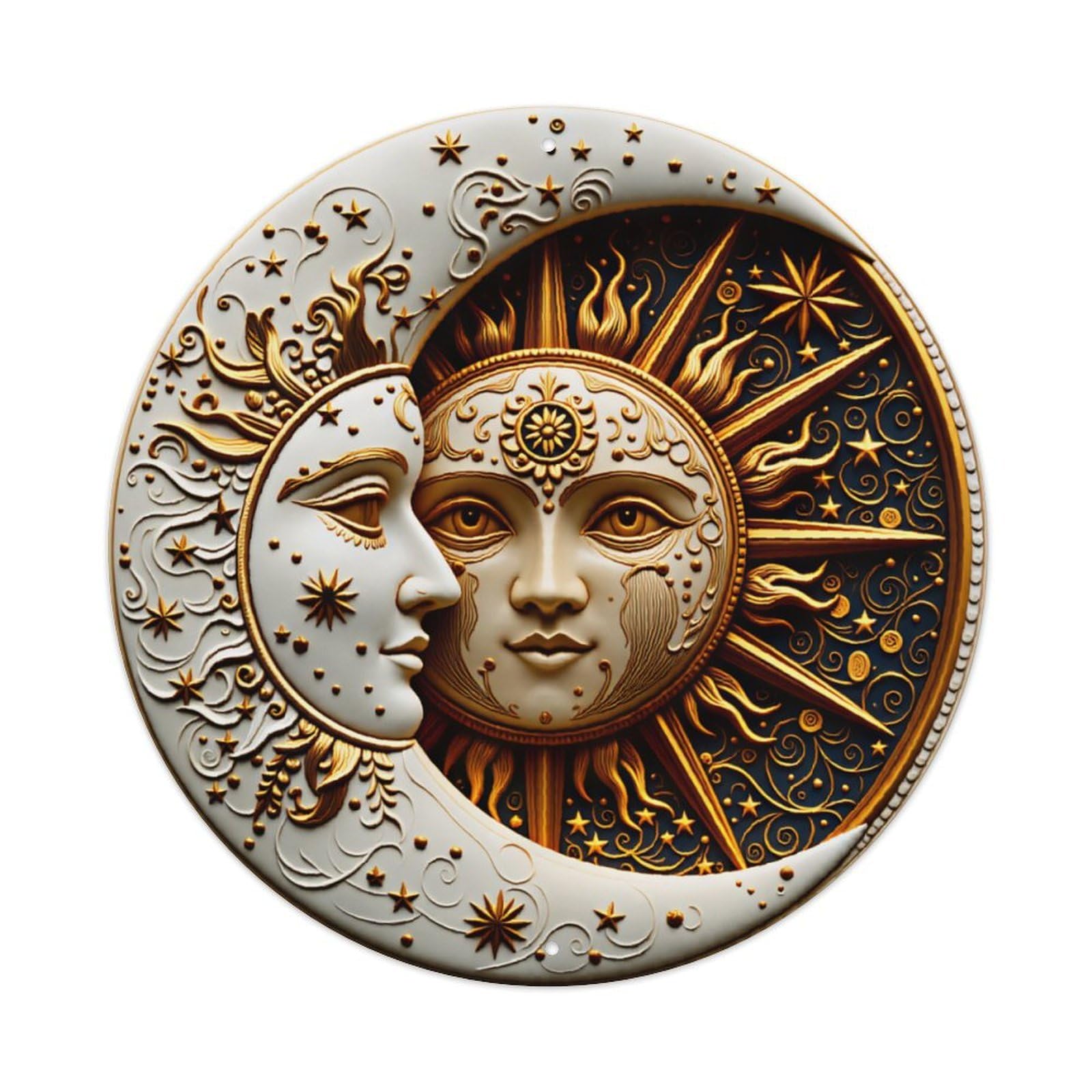 Golden Sun Moon Star Sign Vintage Aluminium Metal Sign, Retro Wall Decor for Home, Bar, Garage & Farmhouse 20x20cm