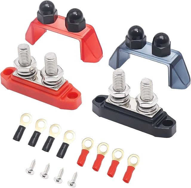 Recoil S2P-38 Busbar Dual 3/8 Studs Terminal Power Distribution Block with Ring Terminals Pair Red & Black