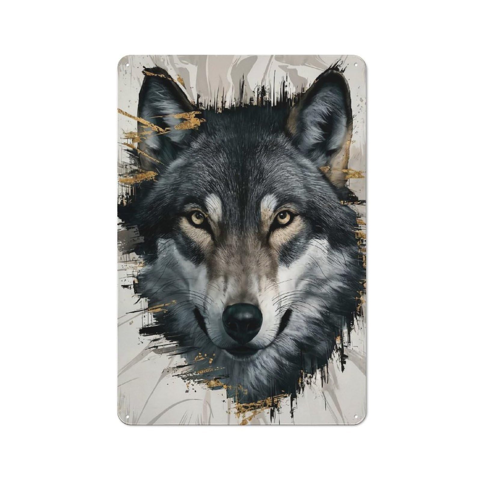 Junmoney Style-3 Casual Wolf Portrait With Abstract Gold Accents Garden Room Metal Sign 30X20cm, Porch Wall Decor For Conservatory, Home Bar Or Utility Room
